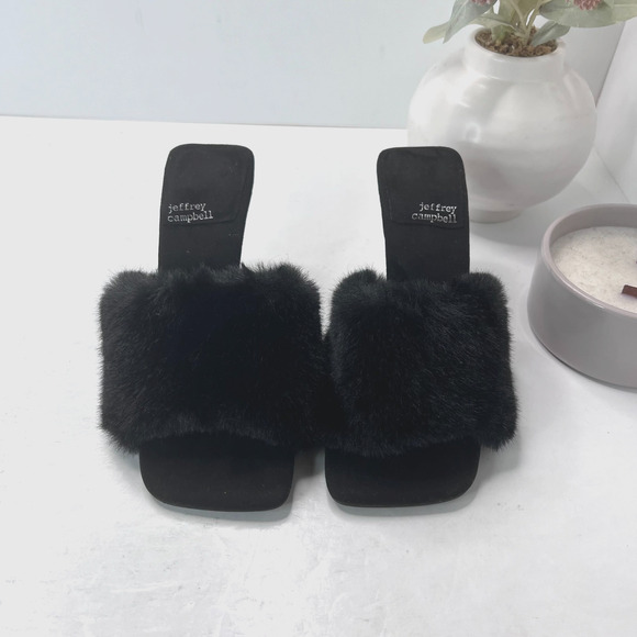 Jeffrey Campbell Utopic Faux Fur Heels Mules Sandals Black Womens Size 6 - Picture 5 of 10